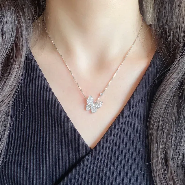 Gold Silver Pavé Crystal Butterfly Pendant Metal Necklace 9