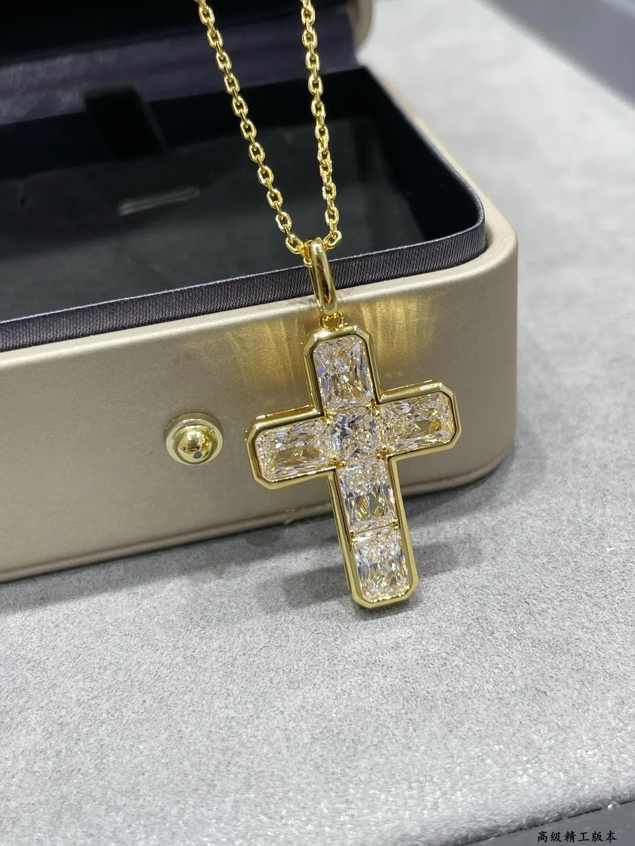 Gold-Tone Baguette-Cut Stone Cross Pendant Necklace 6