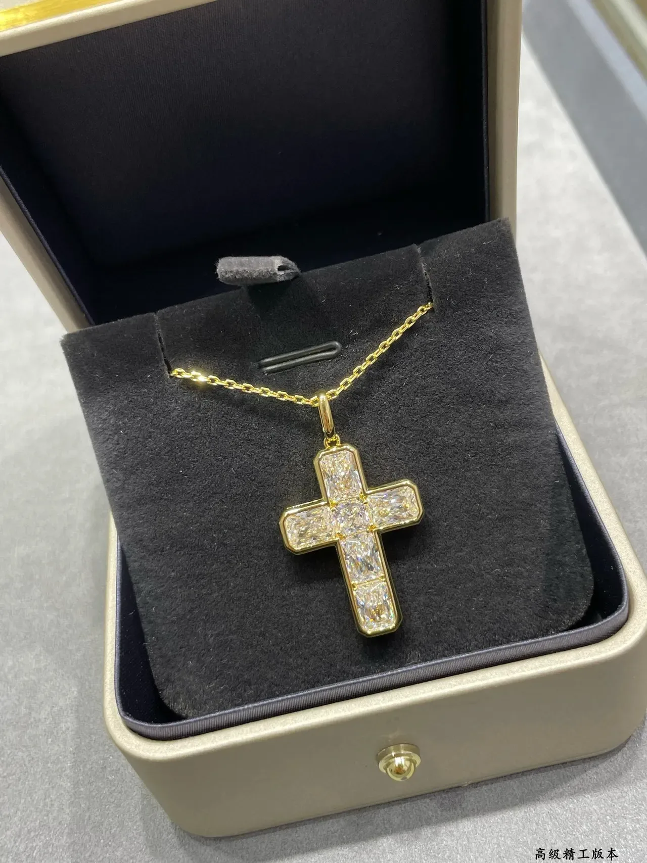 Gold-Tone Baguette-Cut Stone Cross Pendant Necklace 7