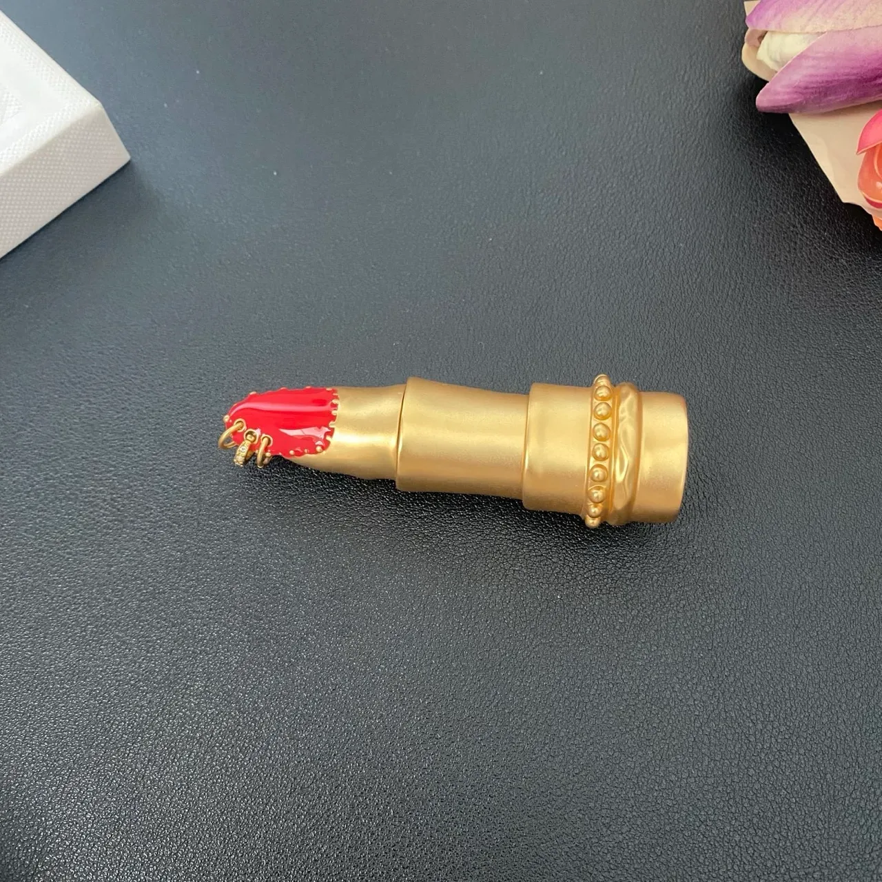 Gold-Tone Lipstick-Shaped Enamel and Crystal Brooches 6