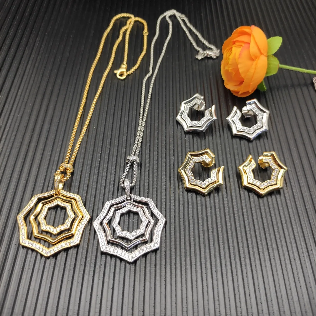 Gold-Tone Multi-Layer Octagonal Pavé Stone Necklace 2