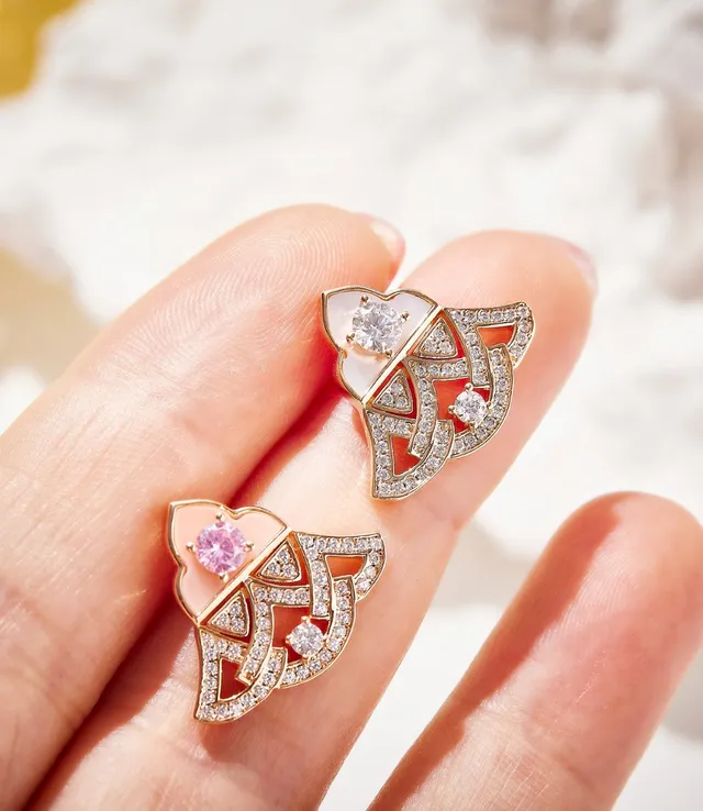 Gold-Tone Pavé Diamond and Pink Enamel Earring 3