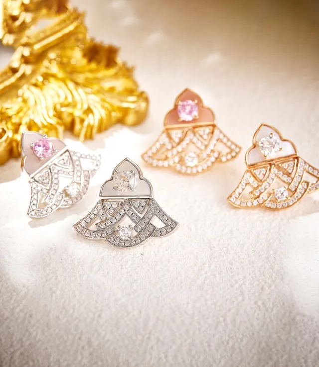 Gold-Tone Pavé Diamond and Pink Enamel Earring 6