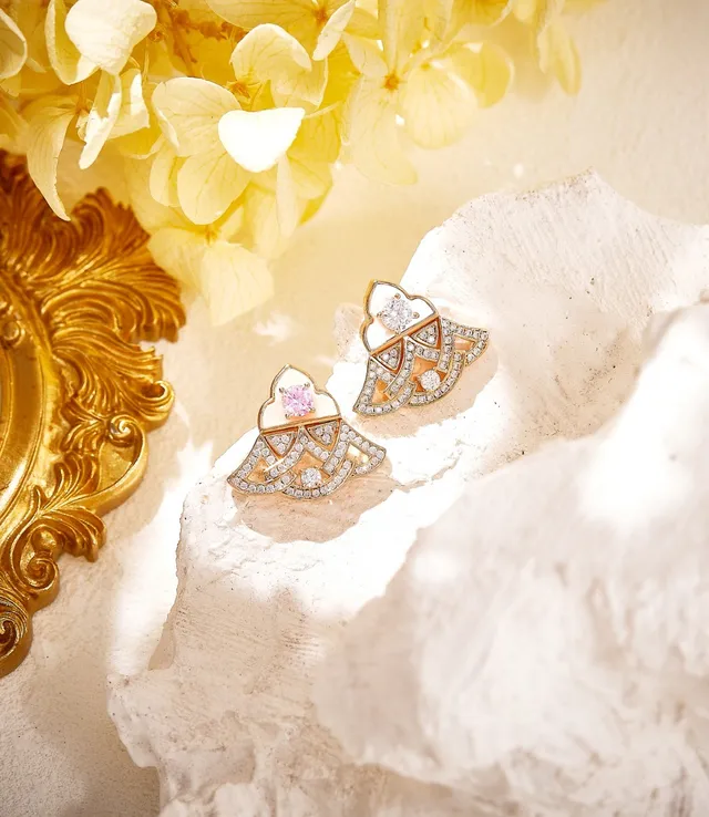 Gold-Tone Pavé Diamond and Pink Enamel Earring 8