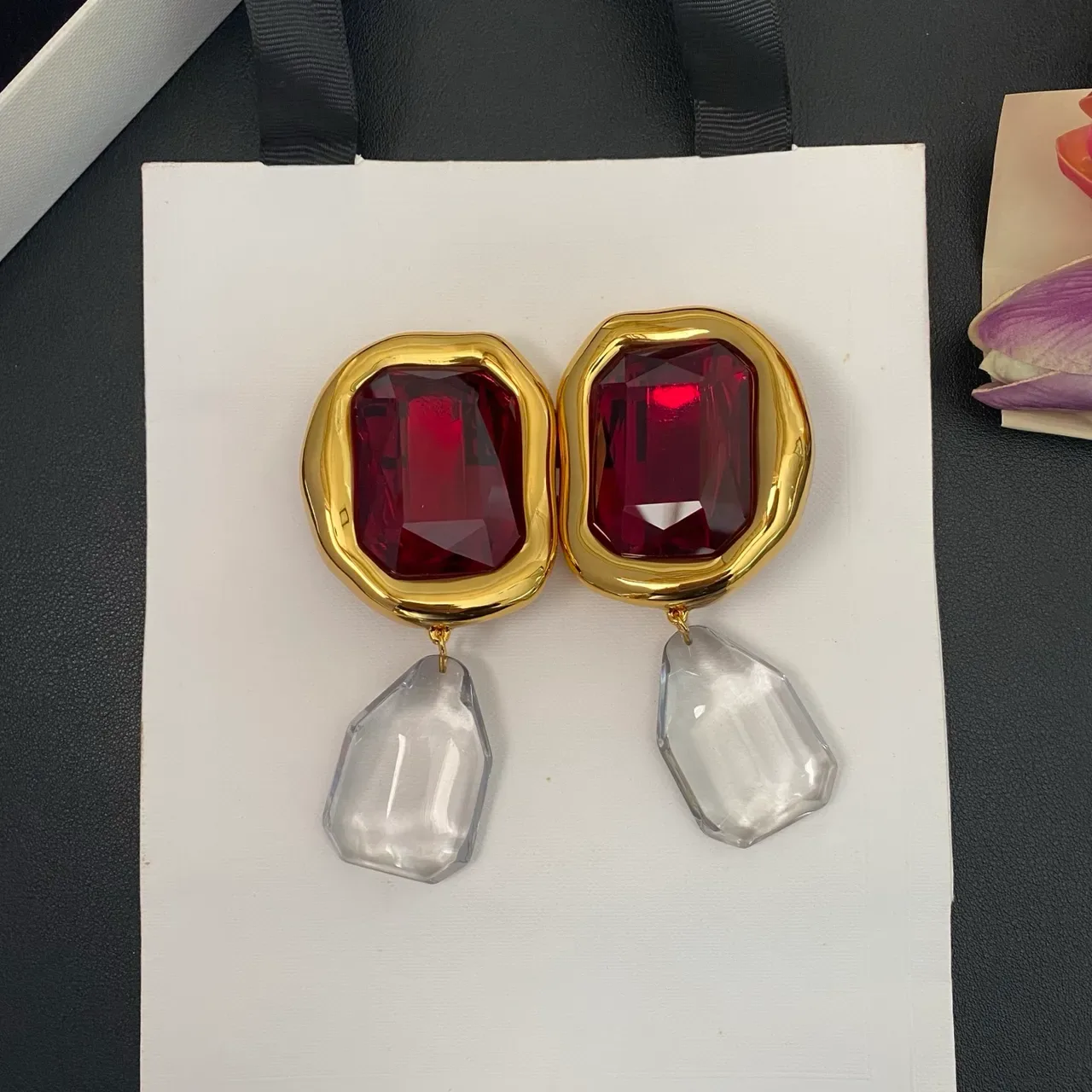 Gold-Tone Red and Transparent Faceted Drop Earrings 9