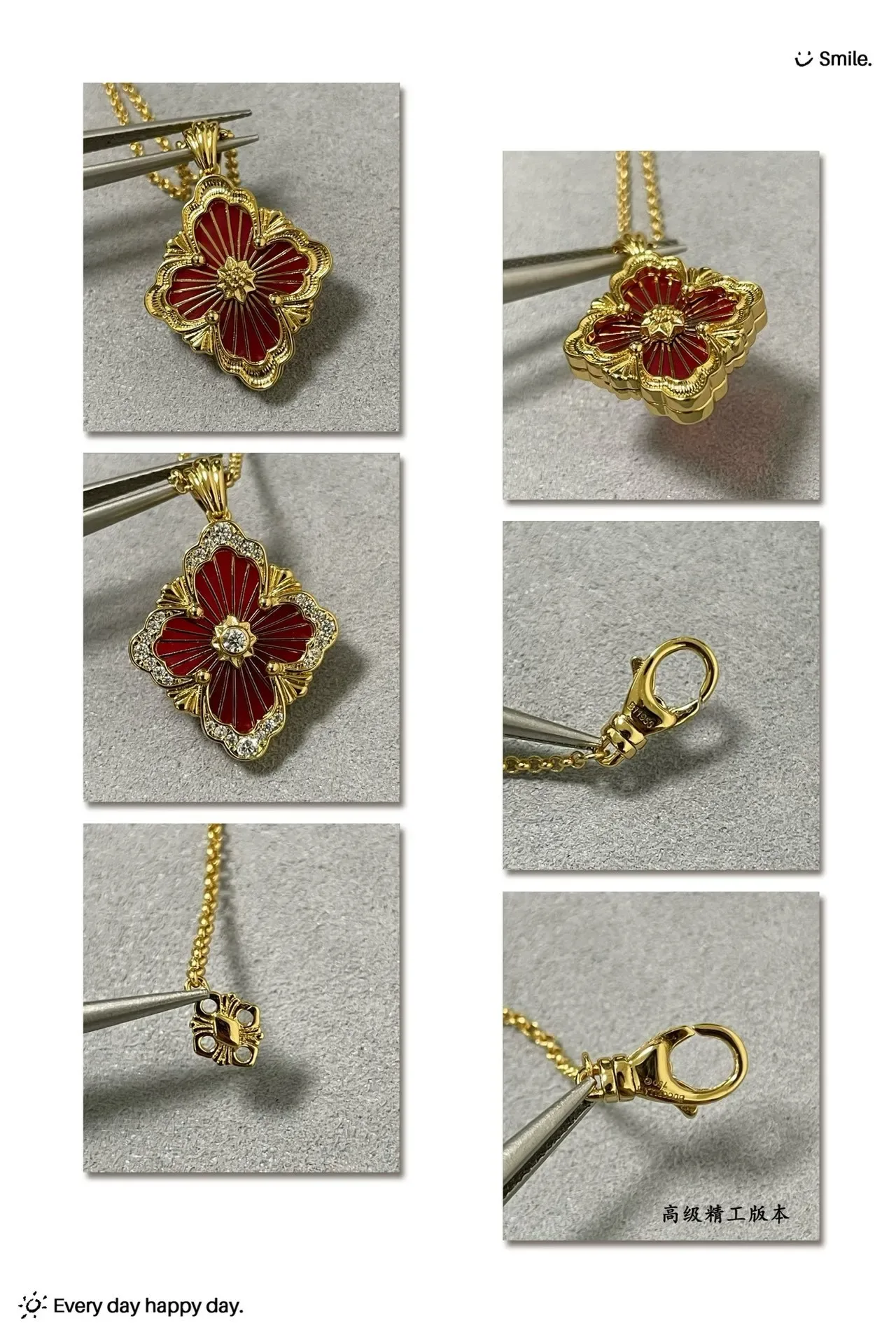 Collar con colgante floral de esmalte rojo en tono dorado de cuatro hojas 5