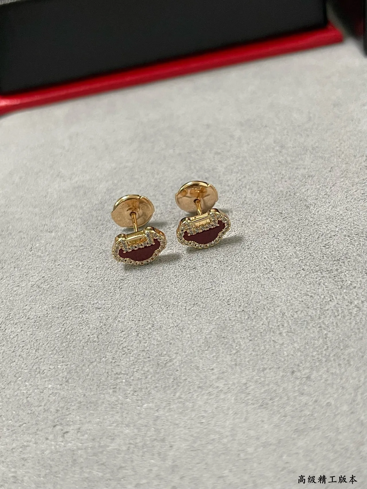 Gold-Tone Red Enamel Pavé Lock Motif Stud Earrings 3
