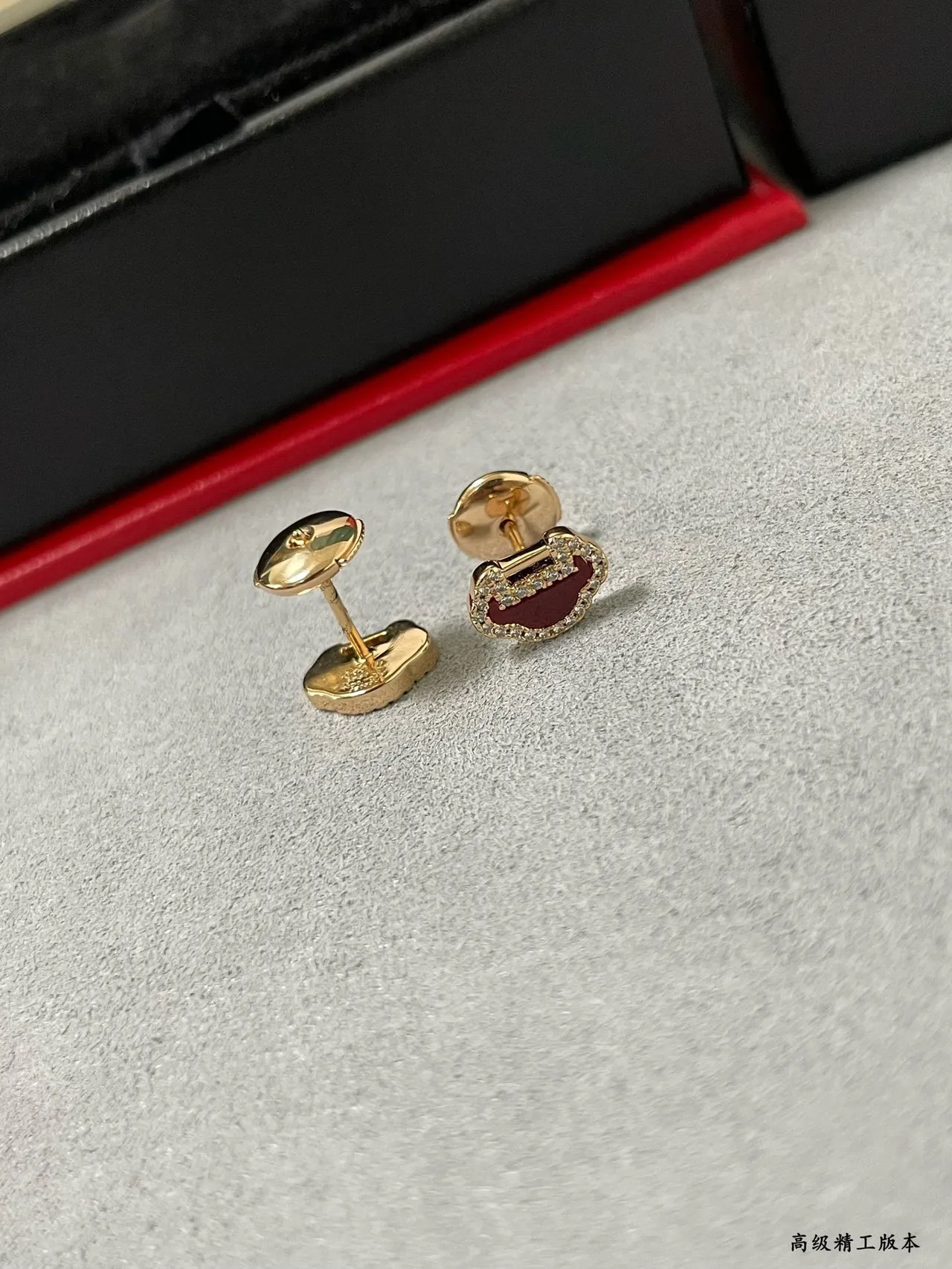 Gold-Tone Red Enamel Pavé Lock Motif Stud Earrings 6