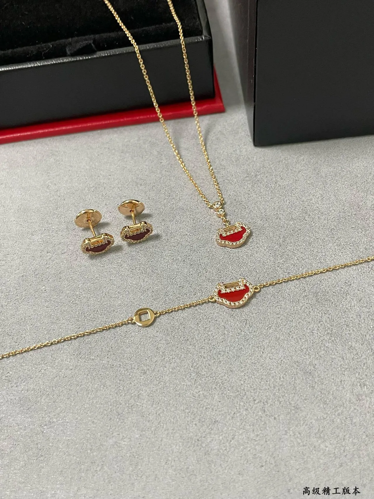 Gold-Tone Red Enamel Pavé Lock Motif Stud Earrings 7