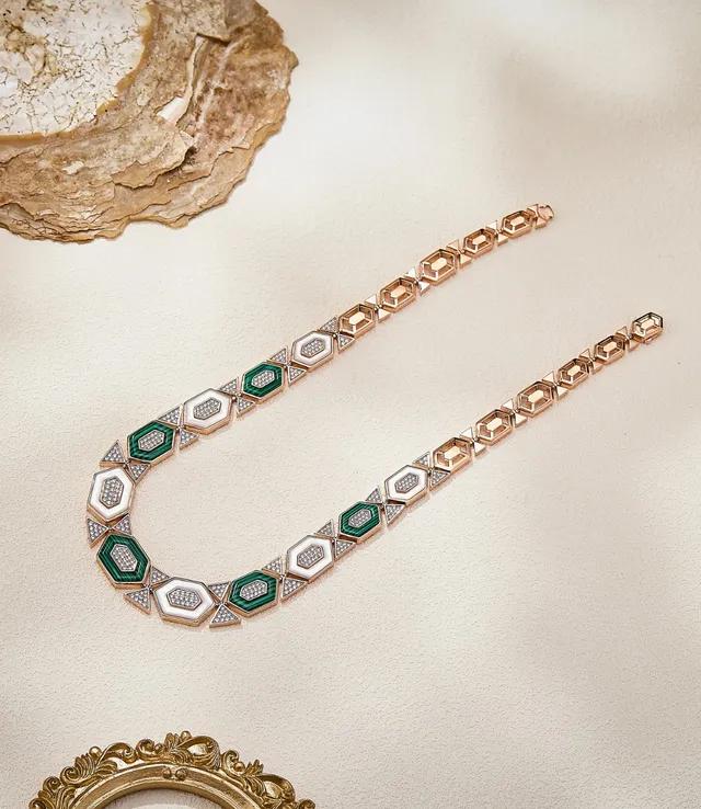 Gold White Geometric Hexagonal Links Pavé-Set Stones Necklace 3