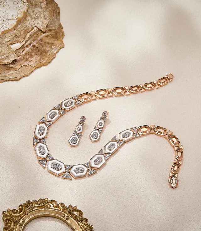 Gold White Geometric Hexagonal Links Pavé-Set Stones Necklace 4