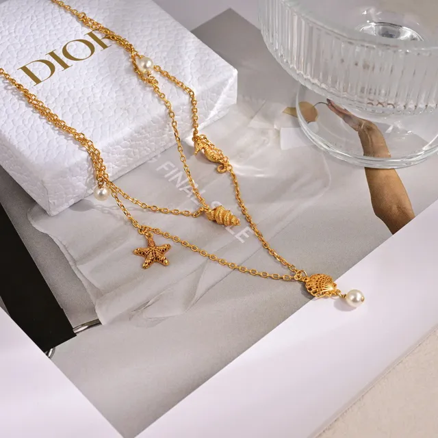 Collier avec thème mer en couches blanc et doré Charms Necklace 2