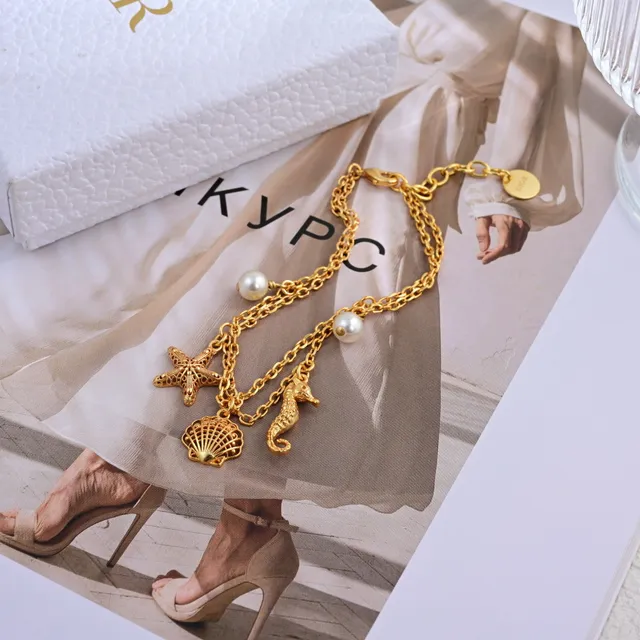 Collier avec thème mer en couches blanc et doré Charms Necklace 4