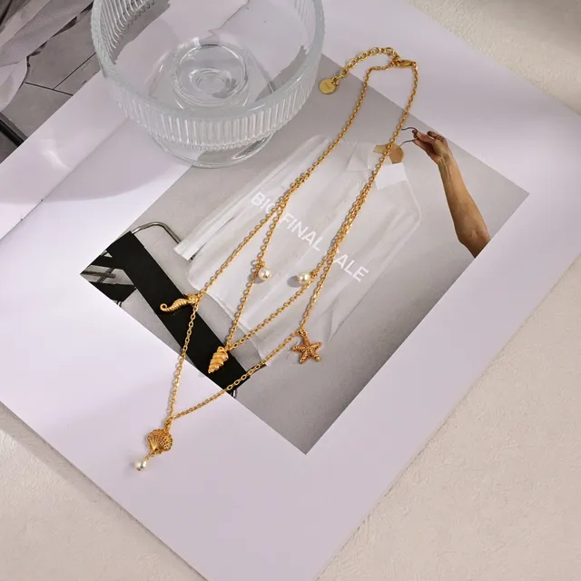 Collier avec thème mer en couches blanc et doré Charms Necklace 9