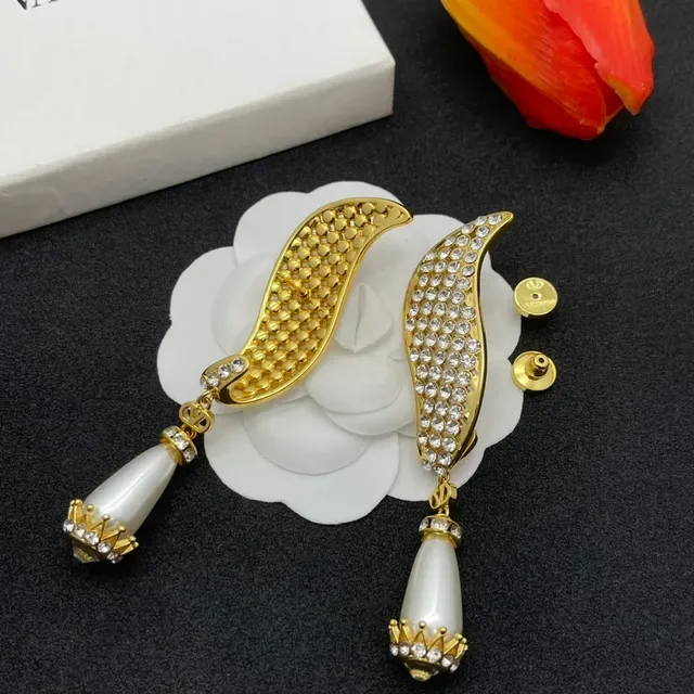 Gold White Pavé Crystal Wings Teardrop Pearl Drop Earrings 5
