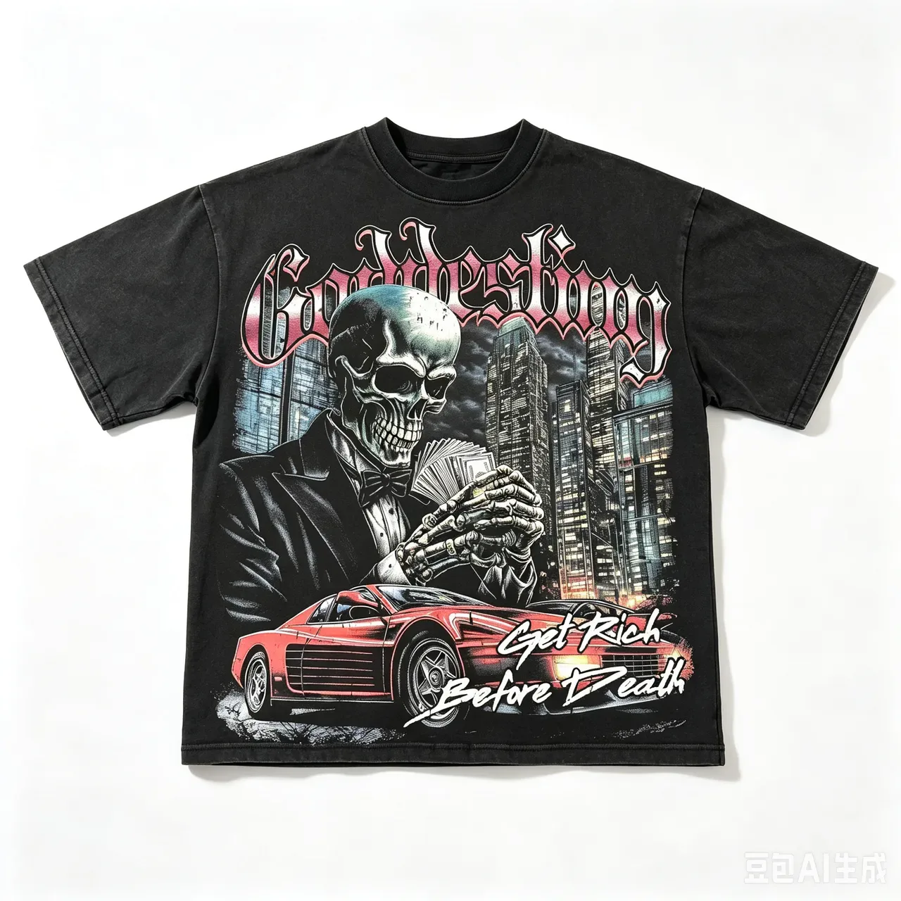Graphic-Print Oversized Skull and Sports Car T-Shirt 3