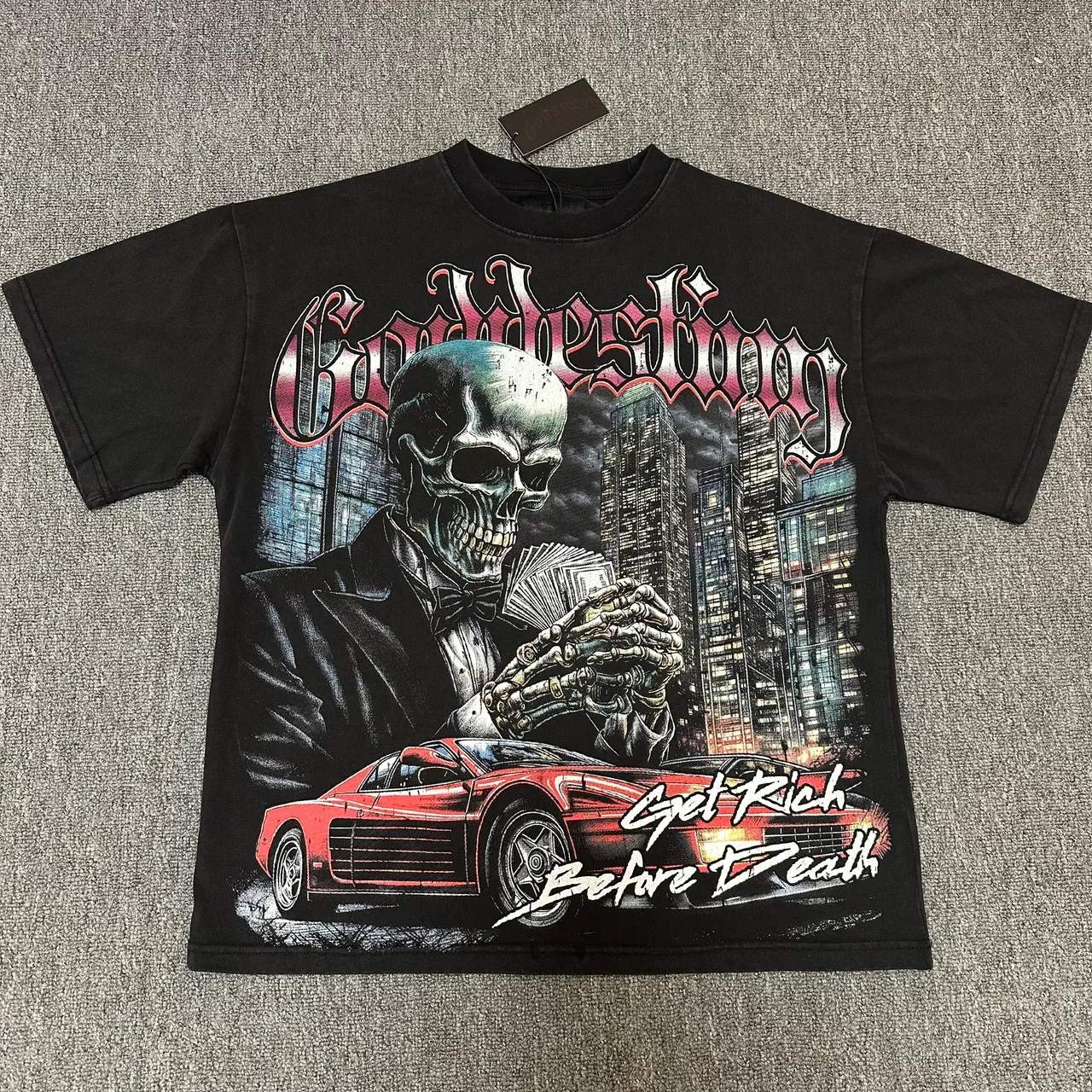 Graphic-Print Oversized Skull and Sports Car T-Shirt 6
