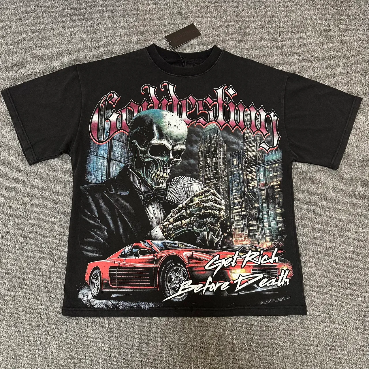 Graphic-Print Oversized Skull and Sports Car T-Shirt 7