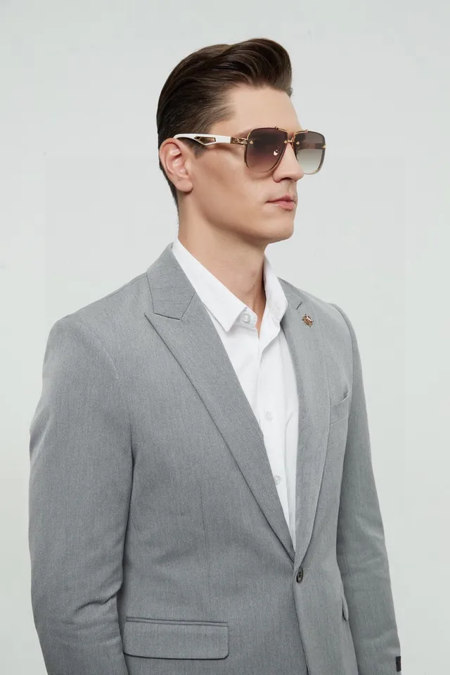 Gray Textured Single-Breasted Notched Lapel Blazer 7