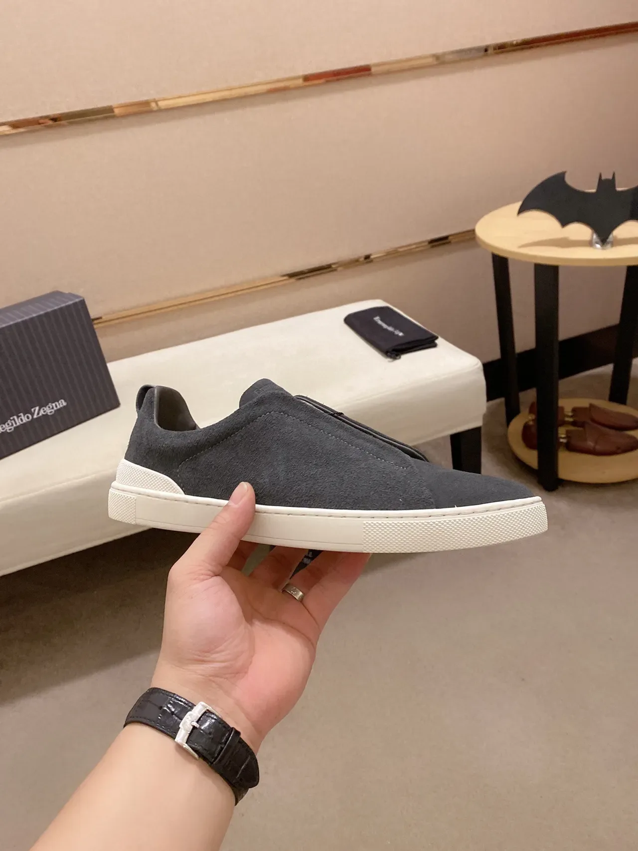 Gray White Slip-On Suede Upper Sneakers 8