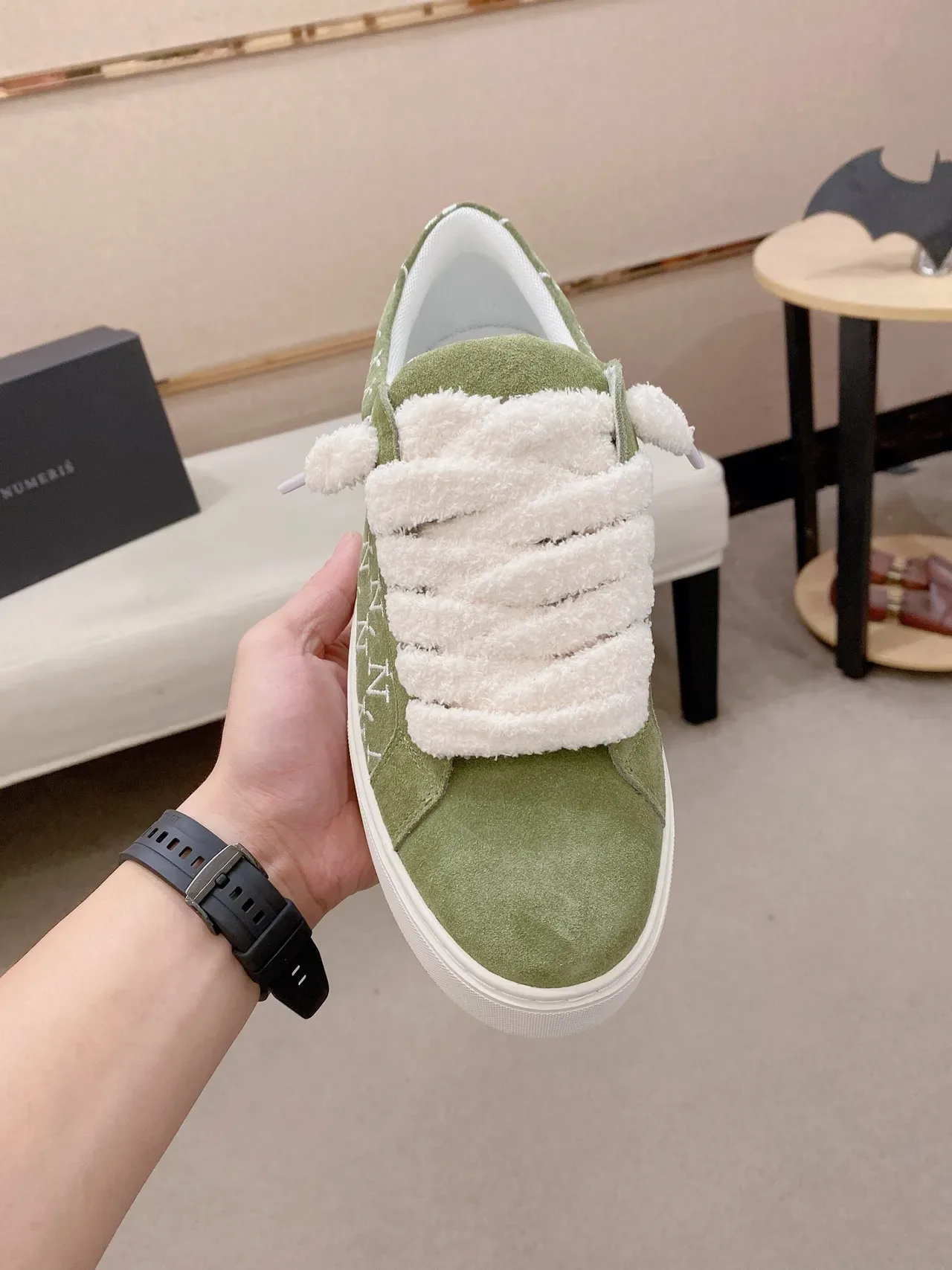 Green White Olive Suede Embroidered N Pattern Sneakers 2