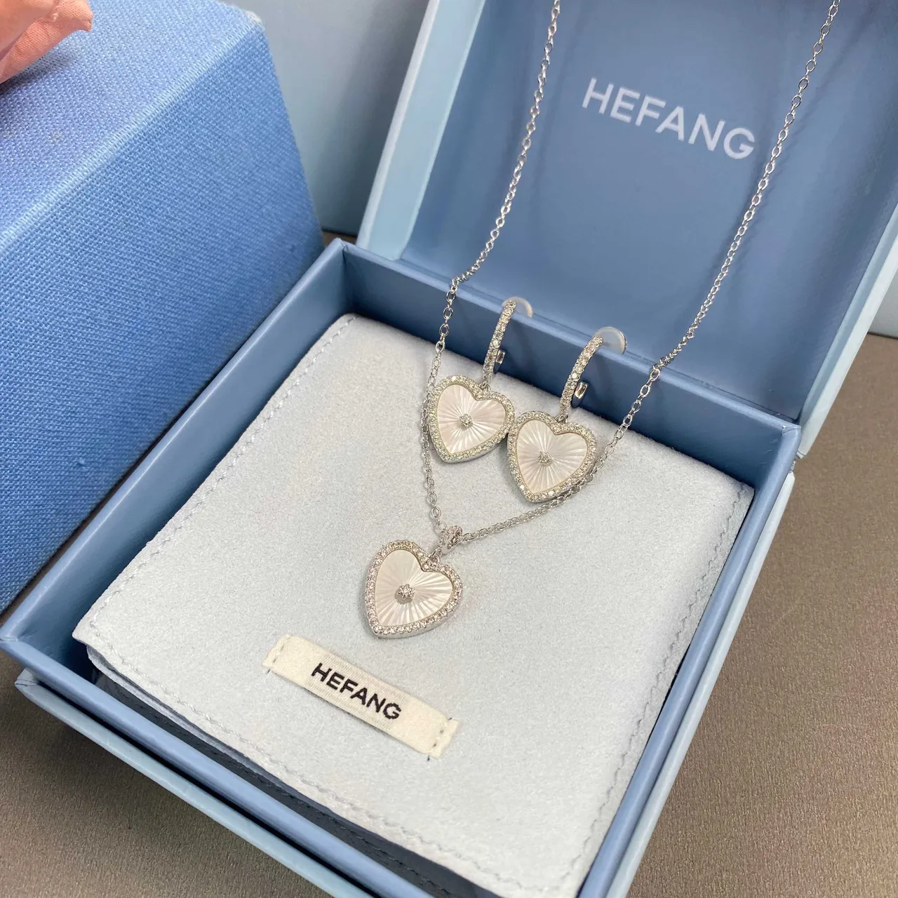 HEFANG Heart-Shaped Pavé Mother-of-Pearl Dangling Earrings 3
