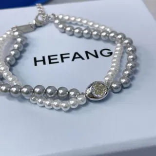 HEFANG فضي أبيض مزدوج الخيط لؤلؤ سوار معدني