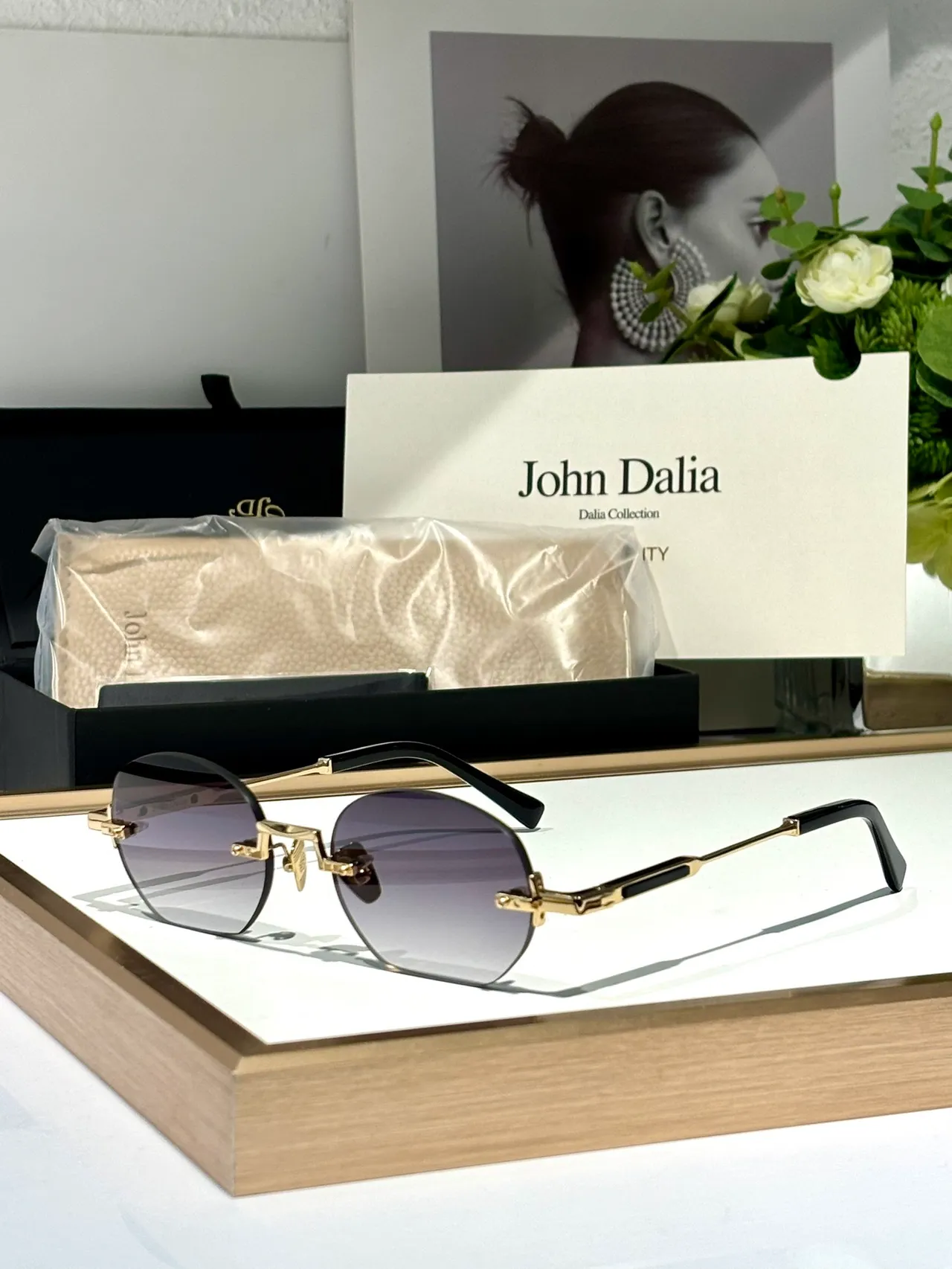 John Dalia Black Gold Rimless Oval Lenses Matte Metal Frame Sunglasses 5