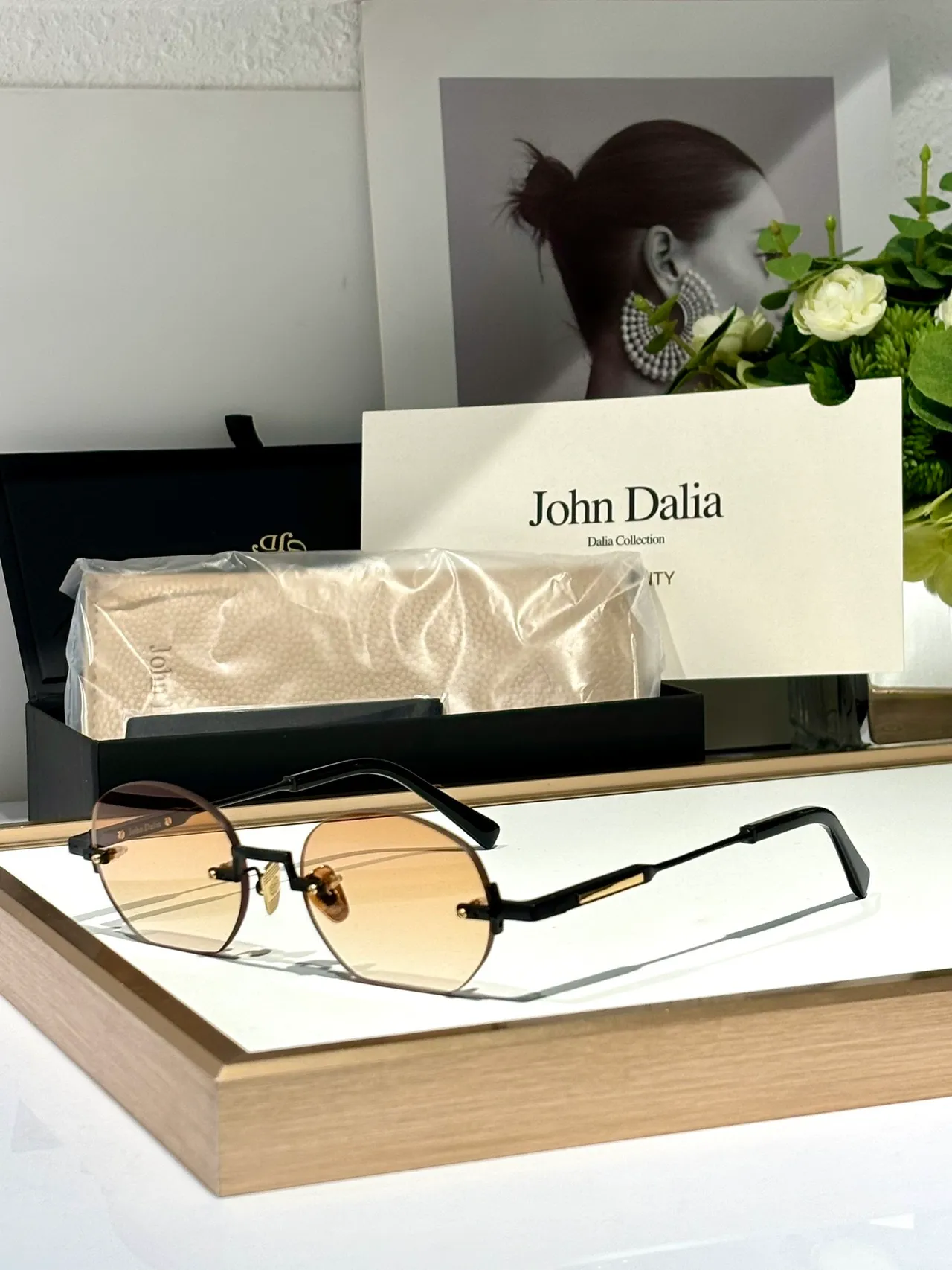 John Dalia Black Gold Rimless Oval Lenses Matte Metal Frame Sunglasses 6
