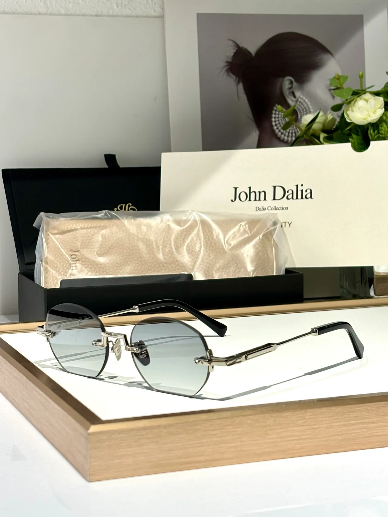 John Dalia Black Gold Rimless Oval Lenses Matte Metal Frame Sunglasses 7