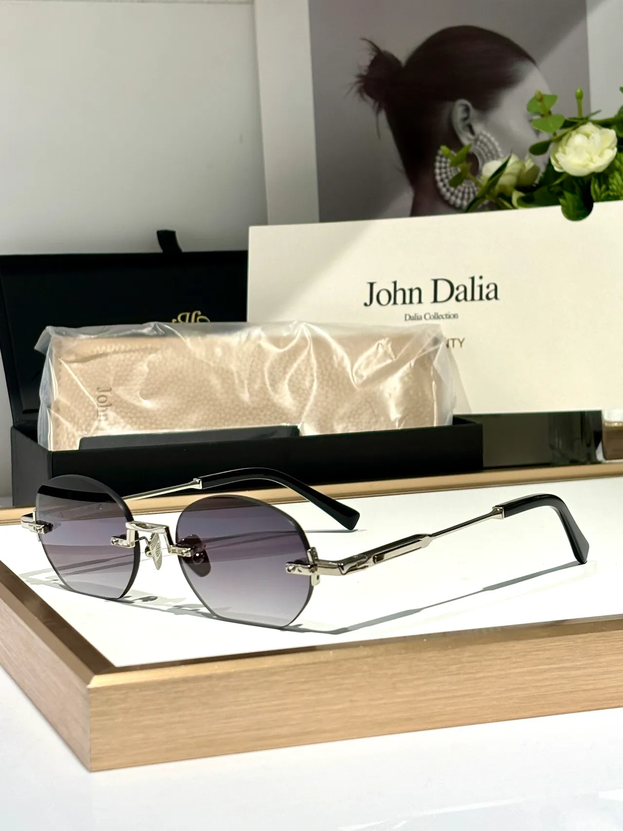 John Dalia Black Gold Rimless Oval Lenses Matte Metal Frame Sunglasses 8