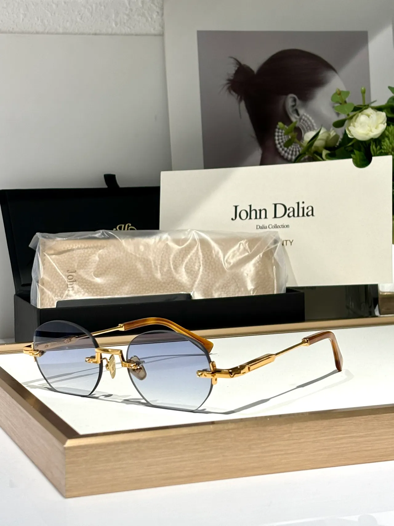 John Dalia Black Gold Rimless Oval Lenses Matte Metal Frame Sunglasses 9