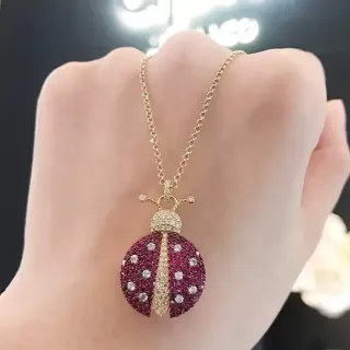 Ladybug Motif Pavé Gemstone Gold-Tone Pendant Necklace