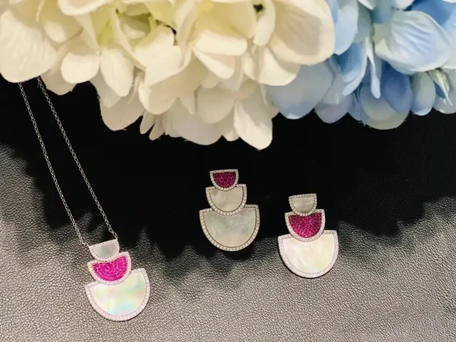 Layered Semi-Circular Pavé-Set Mother-of-Pearl and Red Gemstone Drop Earrings 6