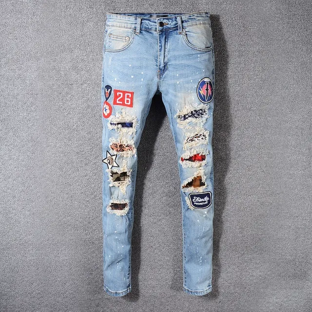Light Wash Blue Distressed Patchwork Paint-Splattered Slim-Fit Jeans 3