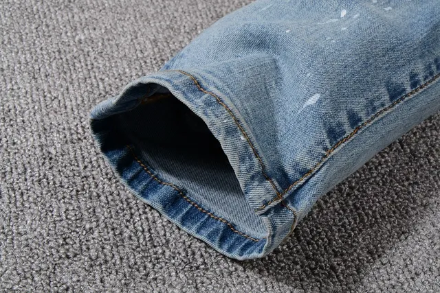 Light Wash Blue Distressed Patchwork Paint-Splattered Slim-Fit Jeans 4