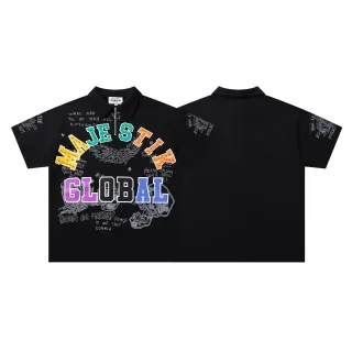 MAJESTIK Graphic-Print Zip-Placket Black Polo Shirt