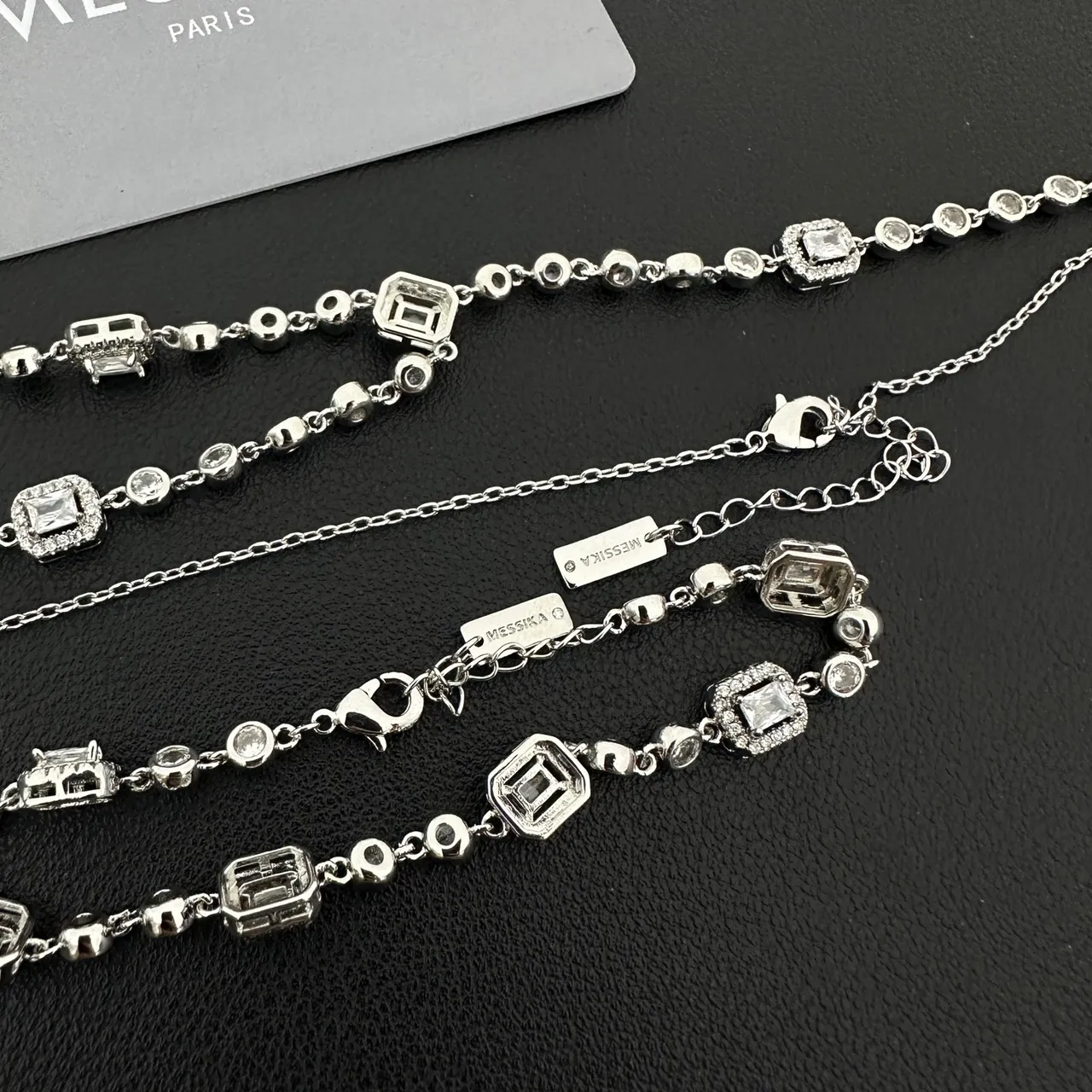 Messika Silver White Chain Rectangular Emerald-Cut Stones Haloed By Pavé Round Necklace 2