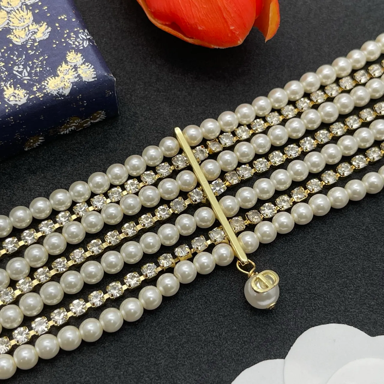 Multi-Strand Pearl and Crystal Choker Necklace 4