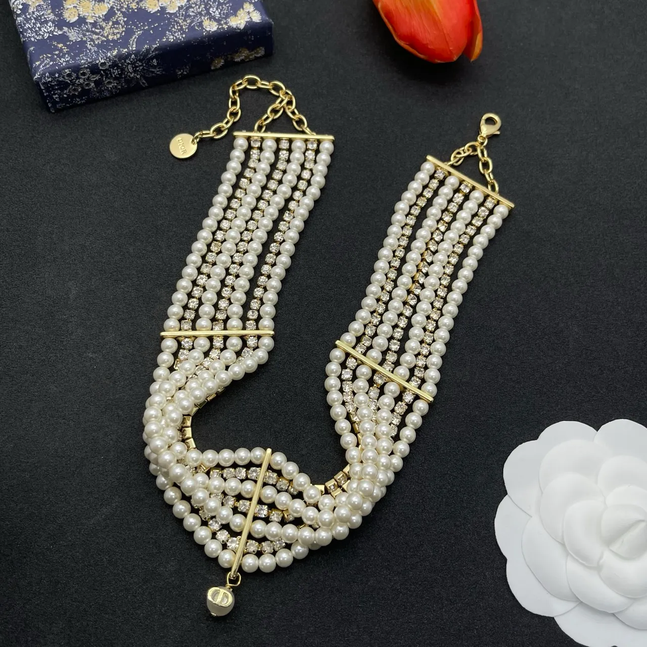 Multi-Strand Pearl and Crystal Choker Necklace 7