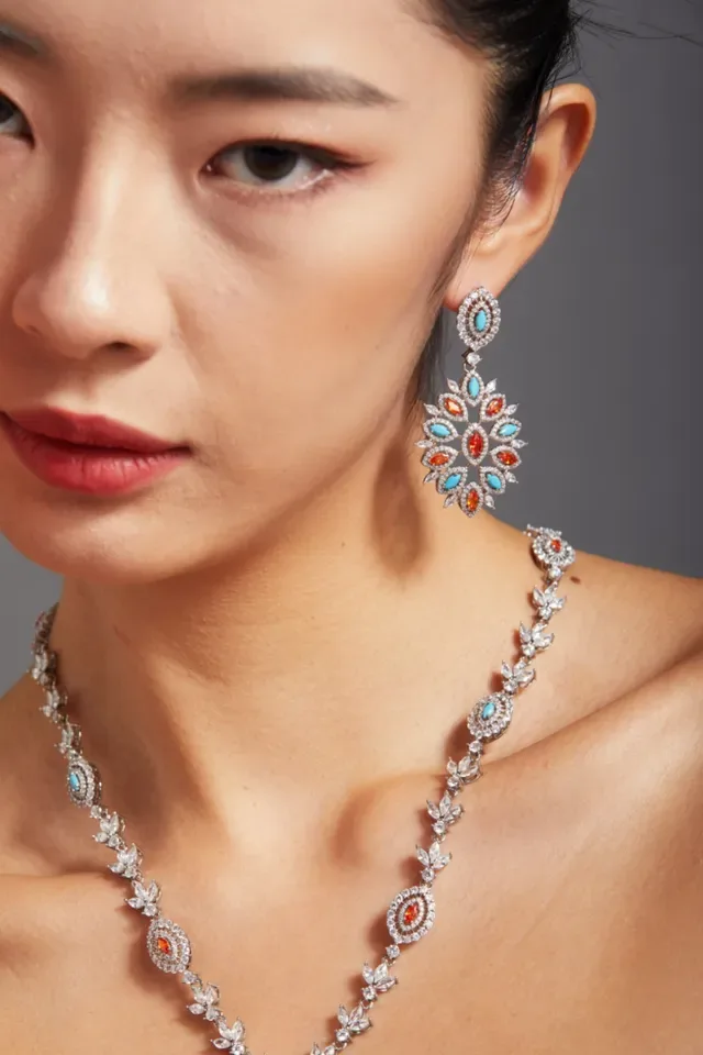 Multicolor Turquoise and Orange Crystal Chandelier Earrings 8