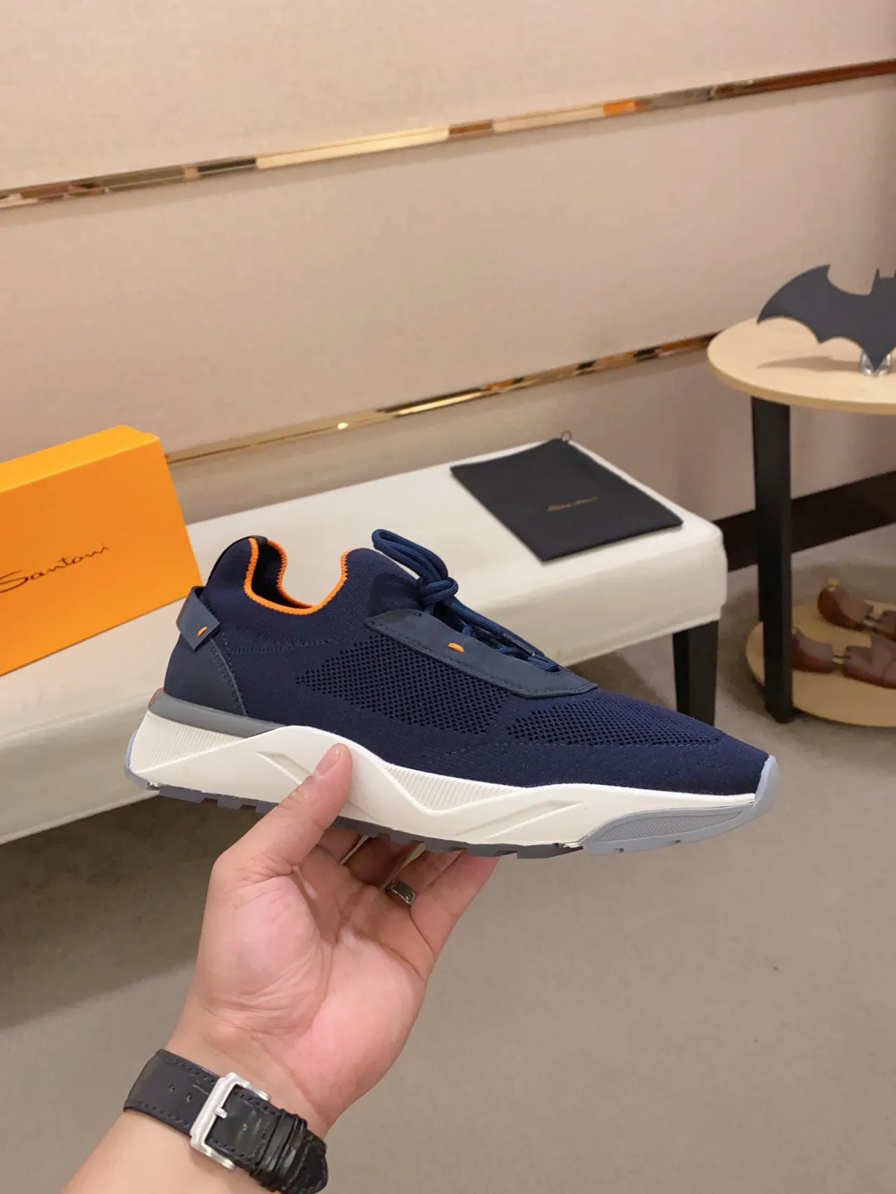 Navy and Orange Knit Lifestyle Sneaker 6