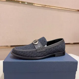 Mocasín Navy Black Texturizado Monogramado con Cabedal de Tela y Borde de Cuero