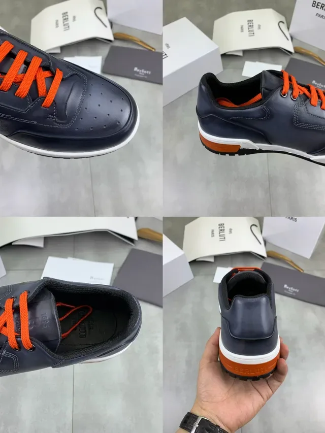 Navy Blue and Orange Leather Low-Top Sneaker 2