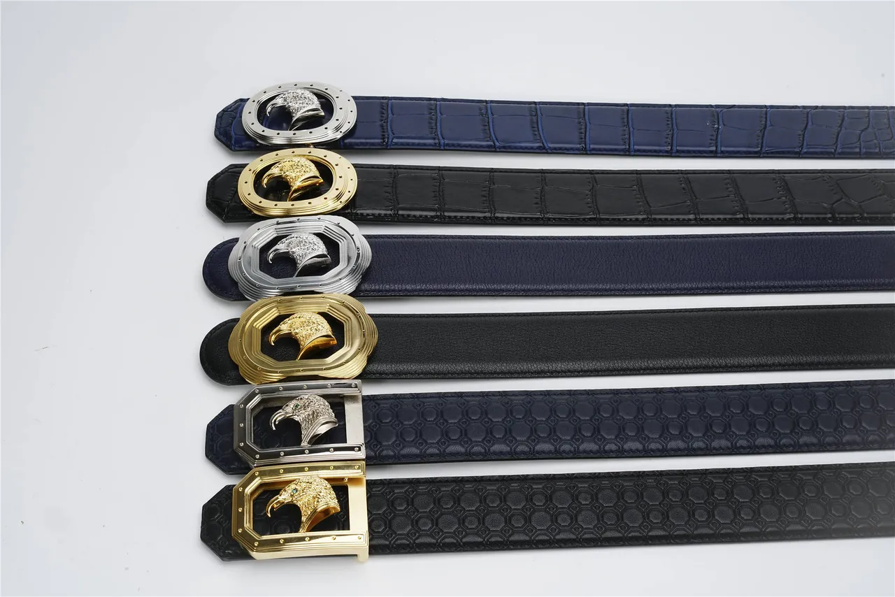 Navy Silver Crocodile-Embossed Oval Buckle Leather Belt 3