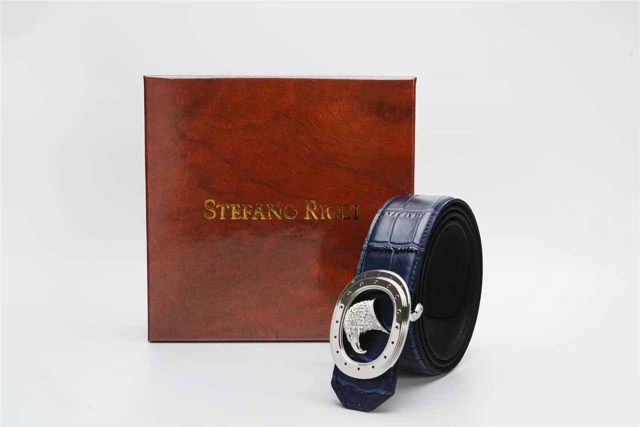 Navy Silver Crocodile-Embossed Oval Buckle Leather Belt 5