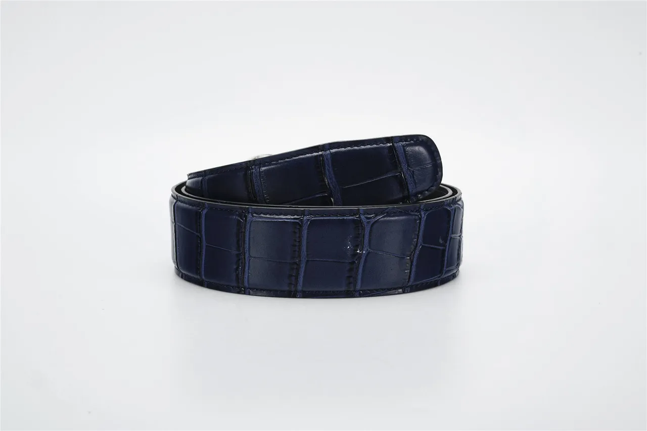 Navy Silver Crocodile-Embossed Oval Buckle Leather Belt 6