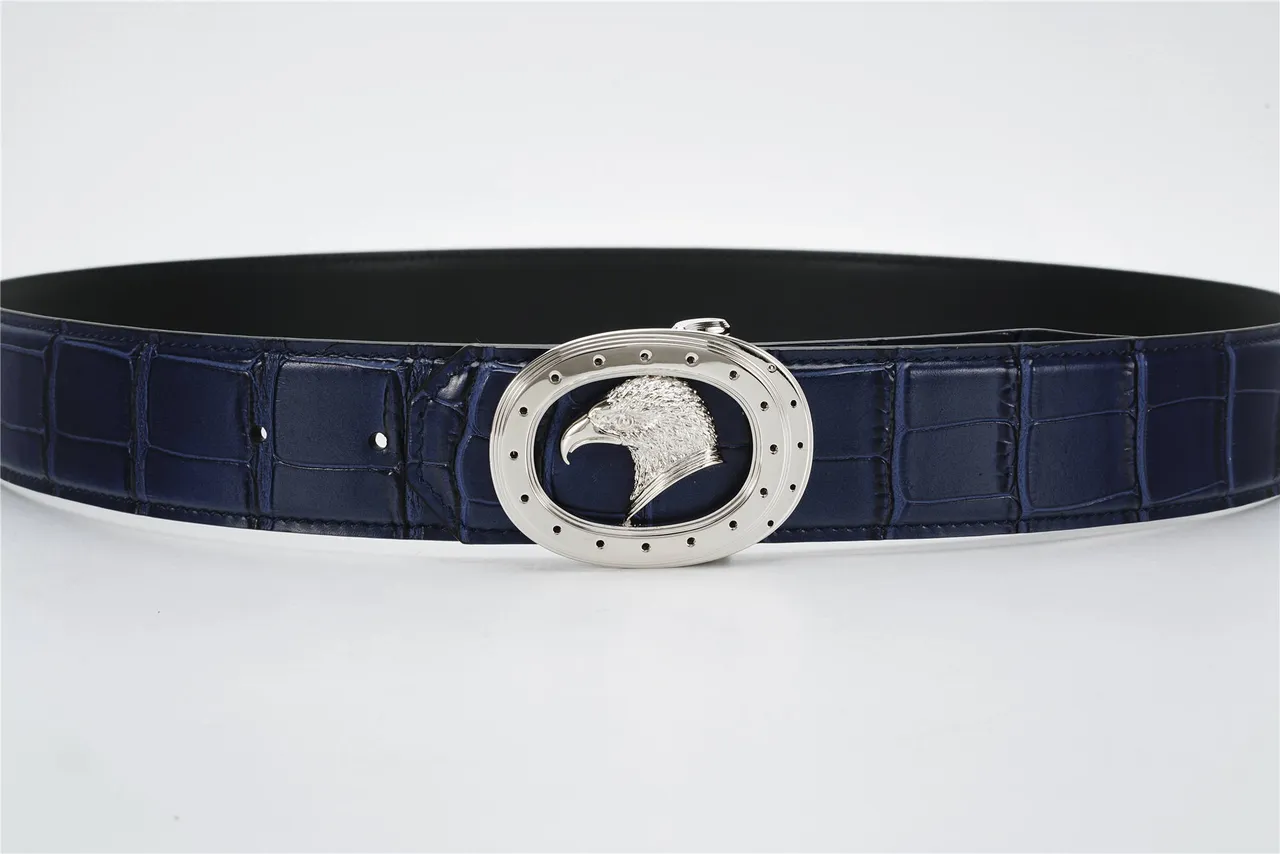 Navy Silver Crocodile-Embossed Oval Buckle Leather Belt 8