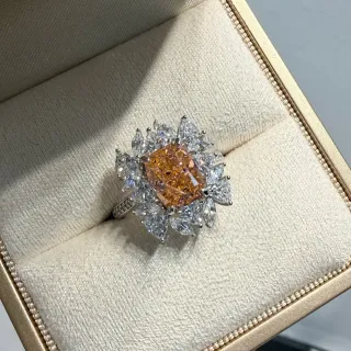 Orange White Halo Cluster Cushion-Cut Center Ring