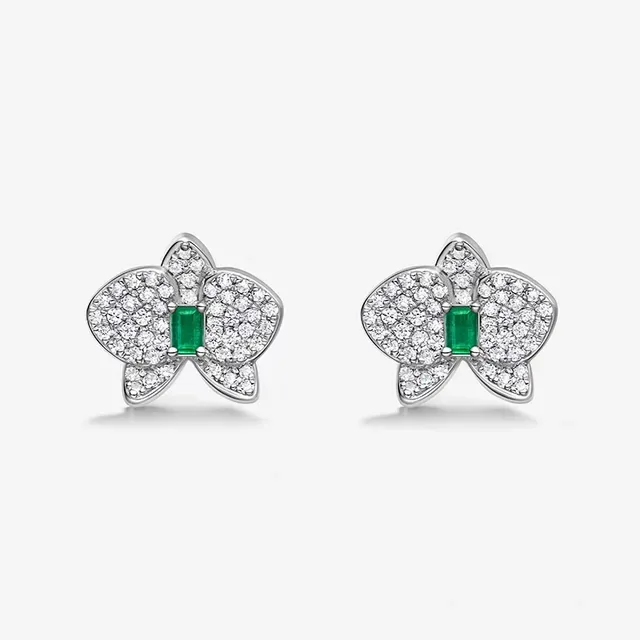 Orchid-Shaped Pavé-Set Red Gemstone Stud Earrings 5